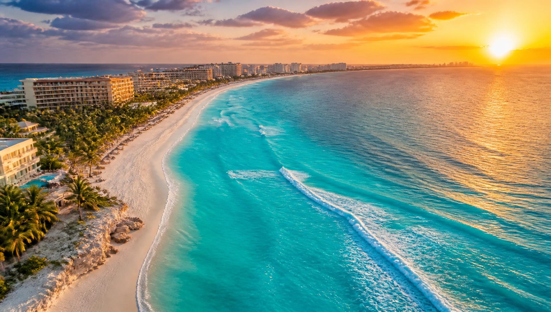 Aerial view of Cancun's turquoise Caribbean coastline at sunset